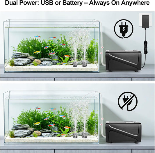 Hygger dual-outlet air pump showing USB charging port and accessories