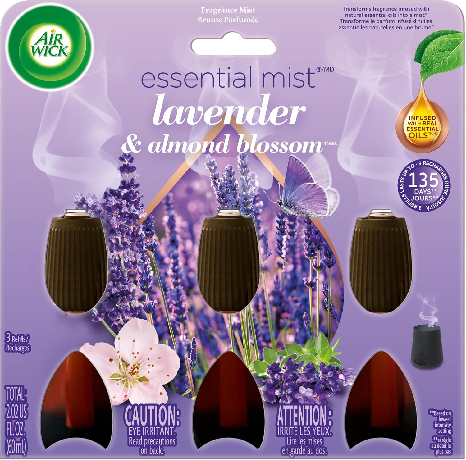 Air Wick Essential Mist Refill 3 Count Lavender and Almond Blossom front packaging view.