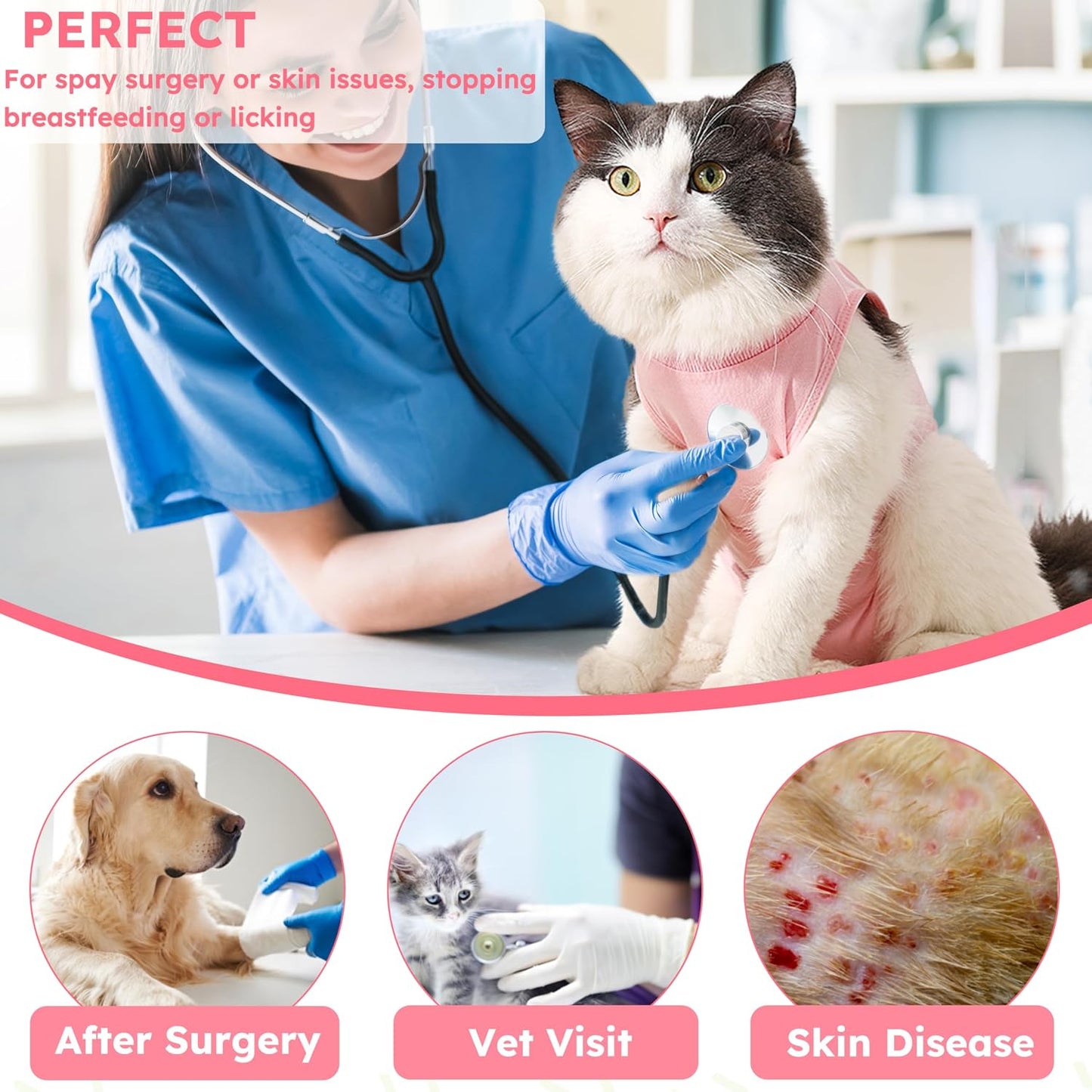 Pink cotton cat recovery clothing for anti licking wound protection
