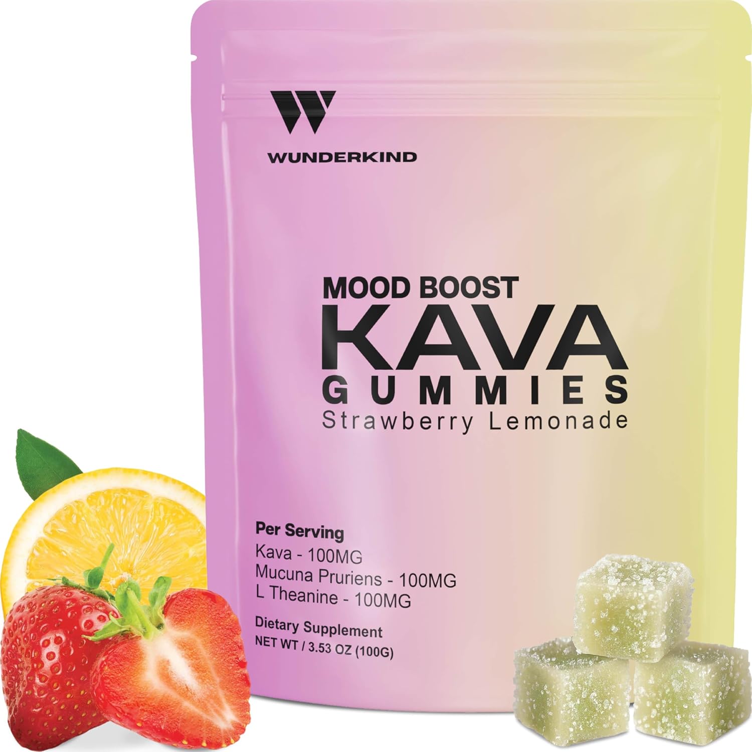 Wunderkind Extra Strength Kava Gummies front view bottle packaging for stress relief