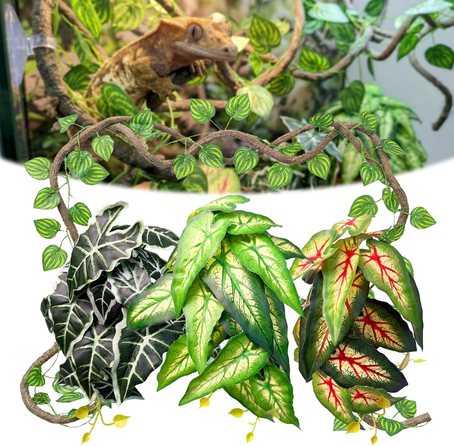 5 Pcs Reptile Plants & Habitat Decor Kit - 3 Artificial Phalaenopsis Orchid & Large 5ft Jungle Vine Branch, Terrarium Tank Decor & Climbing Accessories for Crested Gecko, Bearded Dragon - Image 9