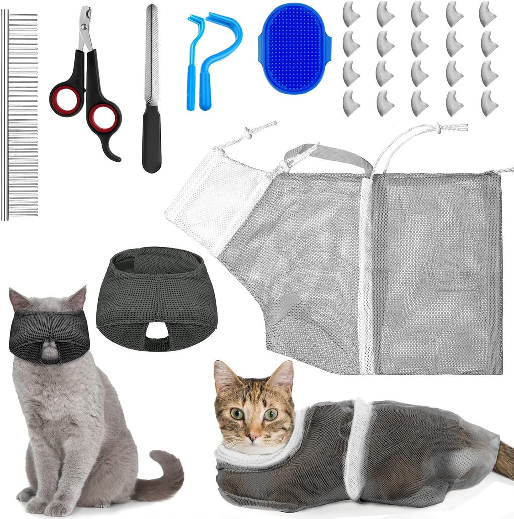 Kritkin 9 Pieces Cat Bathing Bag Set front view showcasing the complete grooming kit.