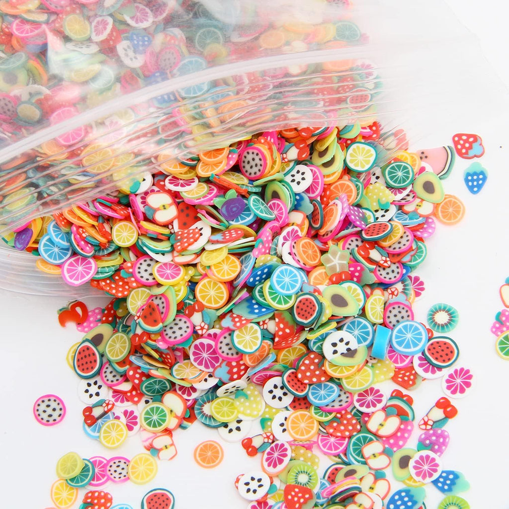 Kimober polymer fruit slices front view showcasing multicolor miniature charm assortment.