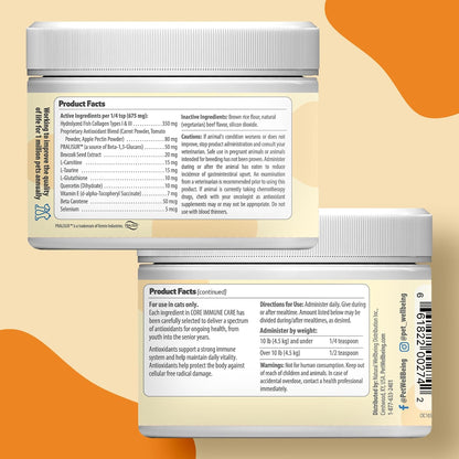 Back side of Pet Wellbeing Core Immune Care jar showing ingredients