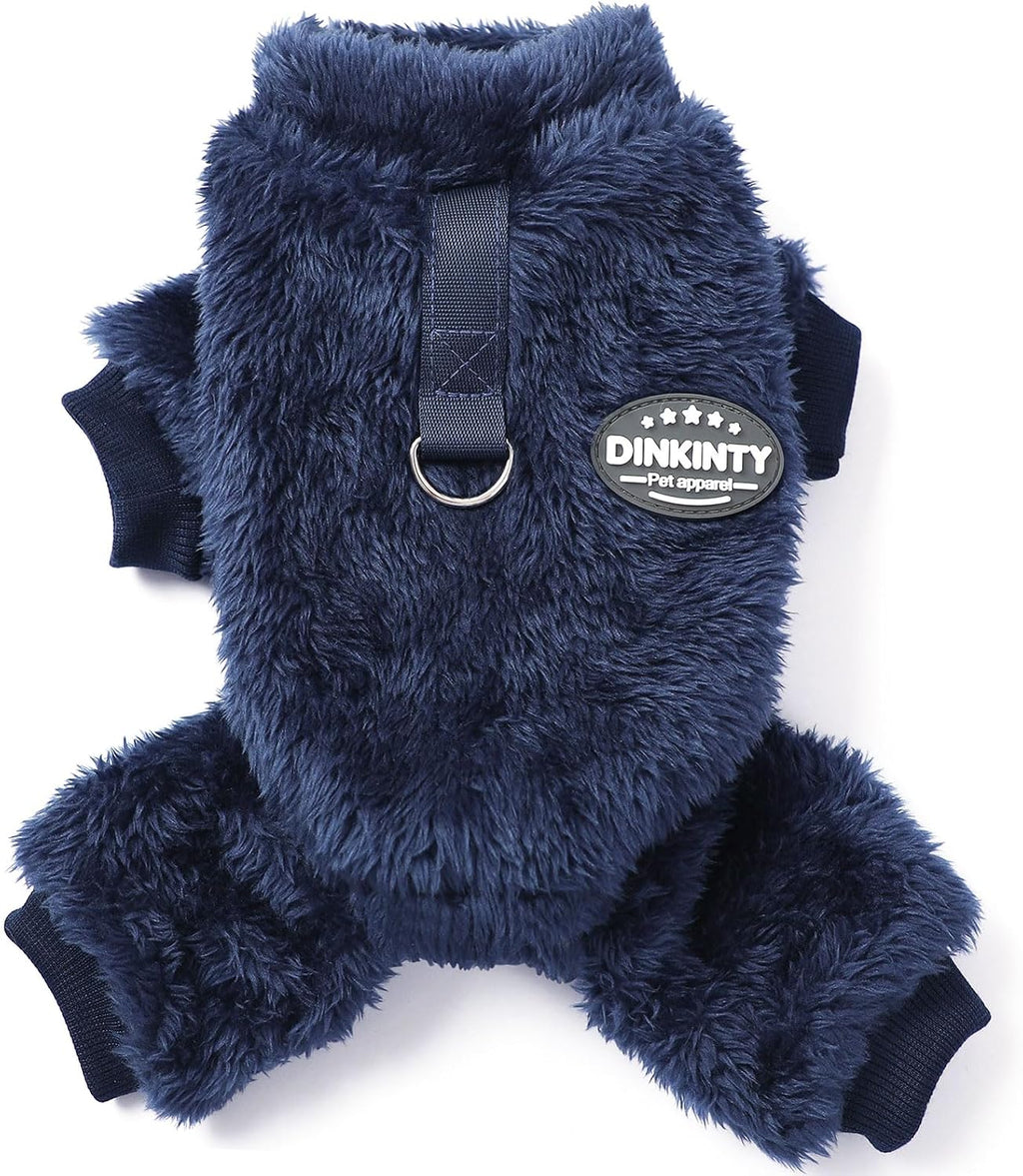 Dinkinty Fleece Dog Pajamas front view showing navy blue plush thermal winter sweater.
