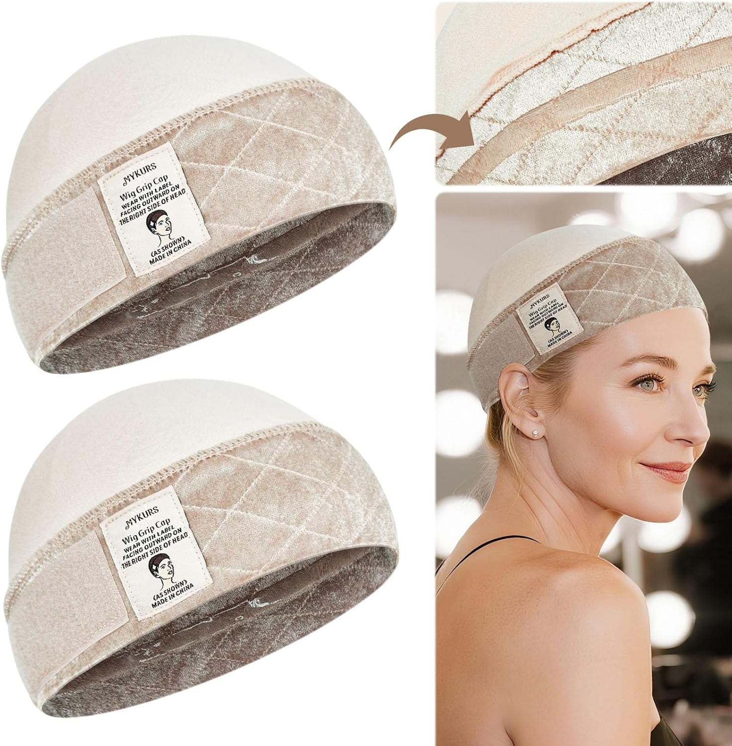 MYKURS wig grip cap front view showing non slip silicone strip and velvet band integration