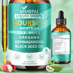 VivoNu 10 in 1 Soursop Bitters Liquid Drops bottle front view featuring teal label and key ingredients.