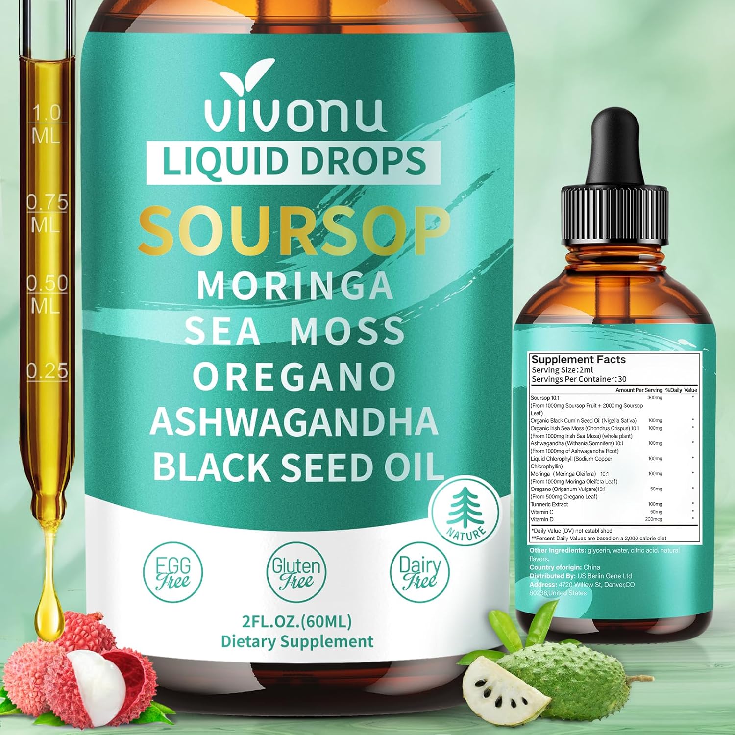 VivoNu 10-in-1 Soursop Bitters Liquid Drops front view bottle