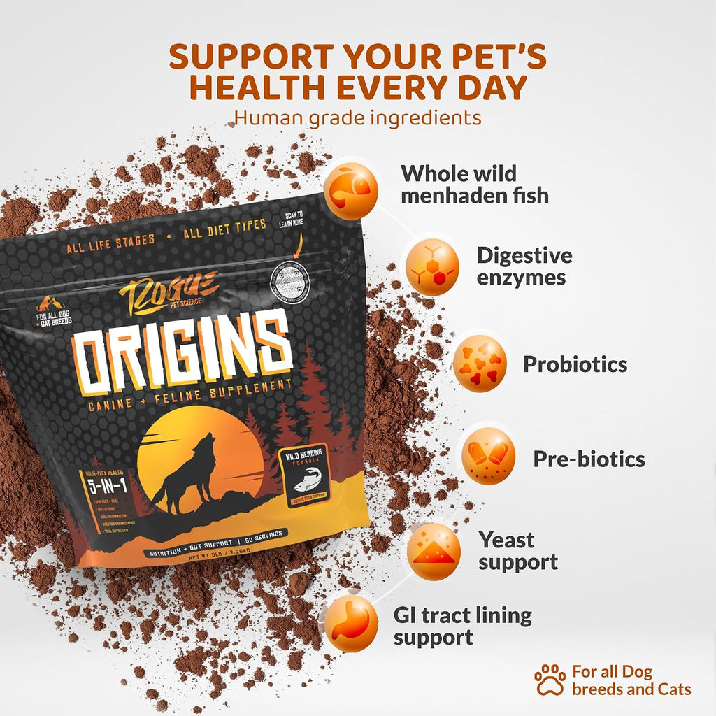 Dog eating food topped with Rogue Pet Science Origins supplement