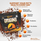 Dog eating food topped with Rogue Pet Science Origins supplement
