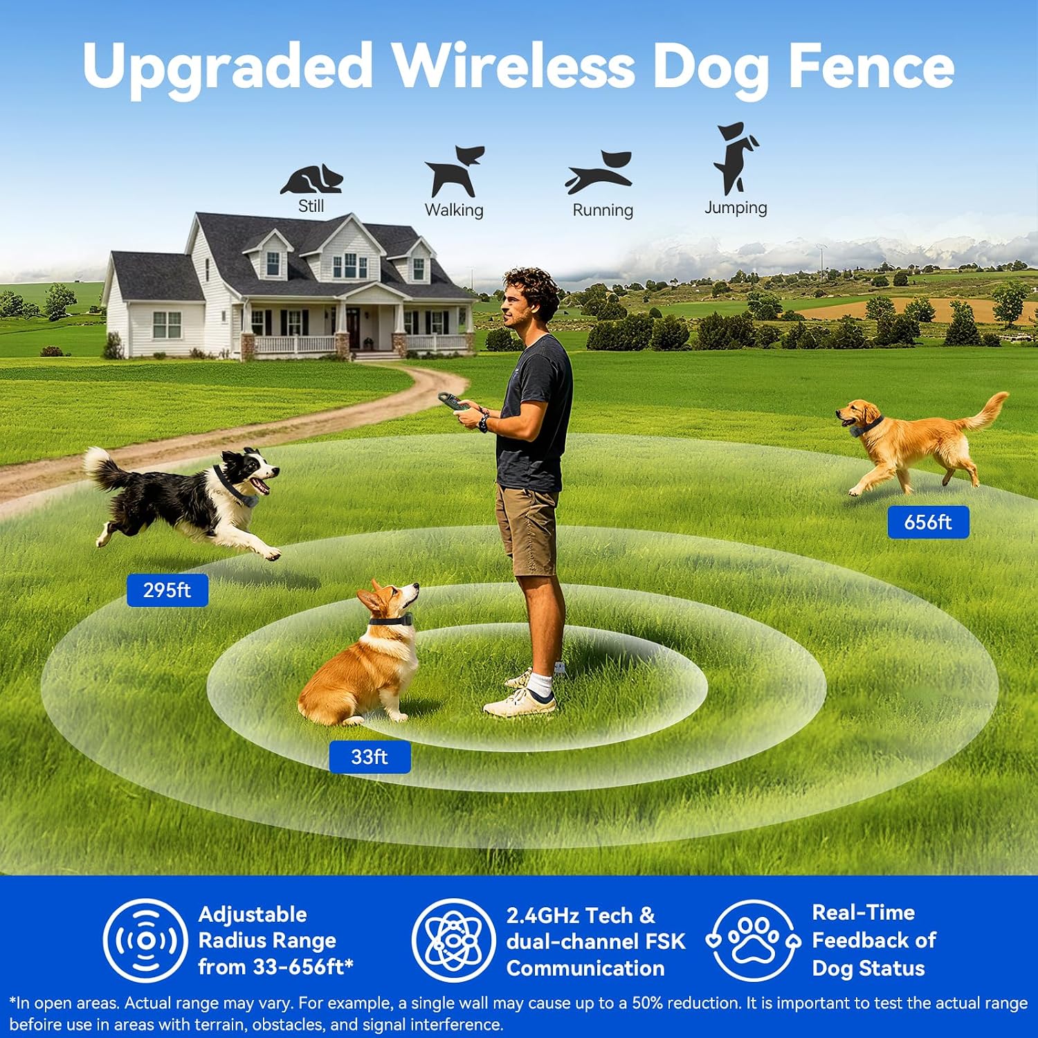 Adjustable wireless dog fence perimeter setting from 33 to 656 feet