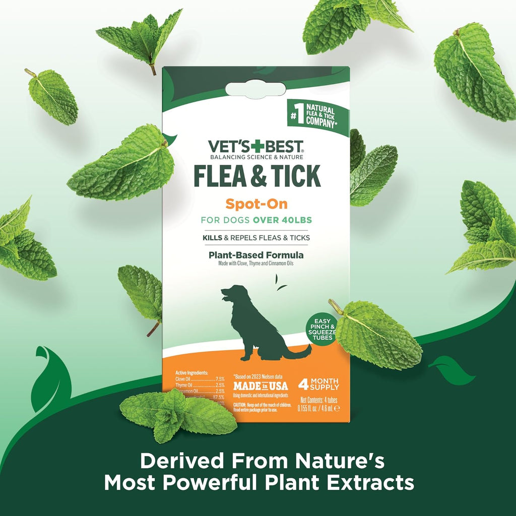 Vet's Best flea and tick drops safe for large dogs over 40 pounds packaging details.