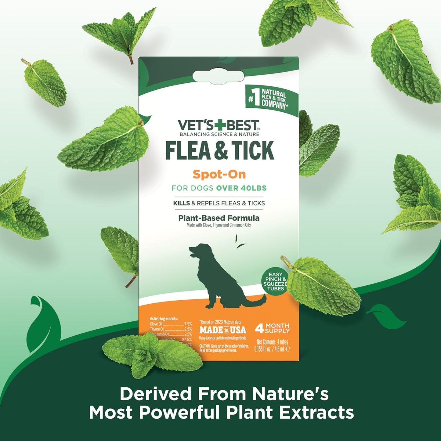 Vet's Best flea and tick drops safe for large dogs over 40 pounds packaging details.