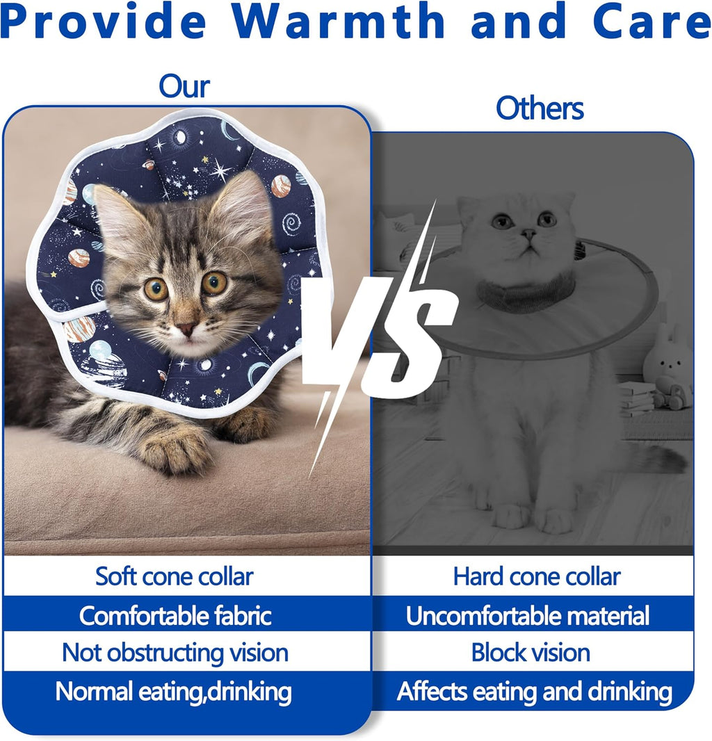 Side perspective of a small cat eating food naturally while wearing the soft adjustable cone