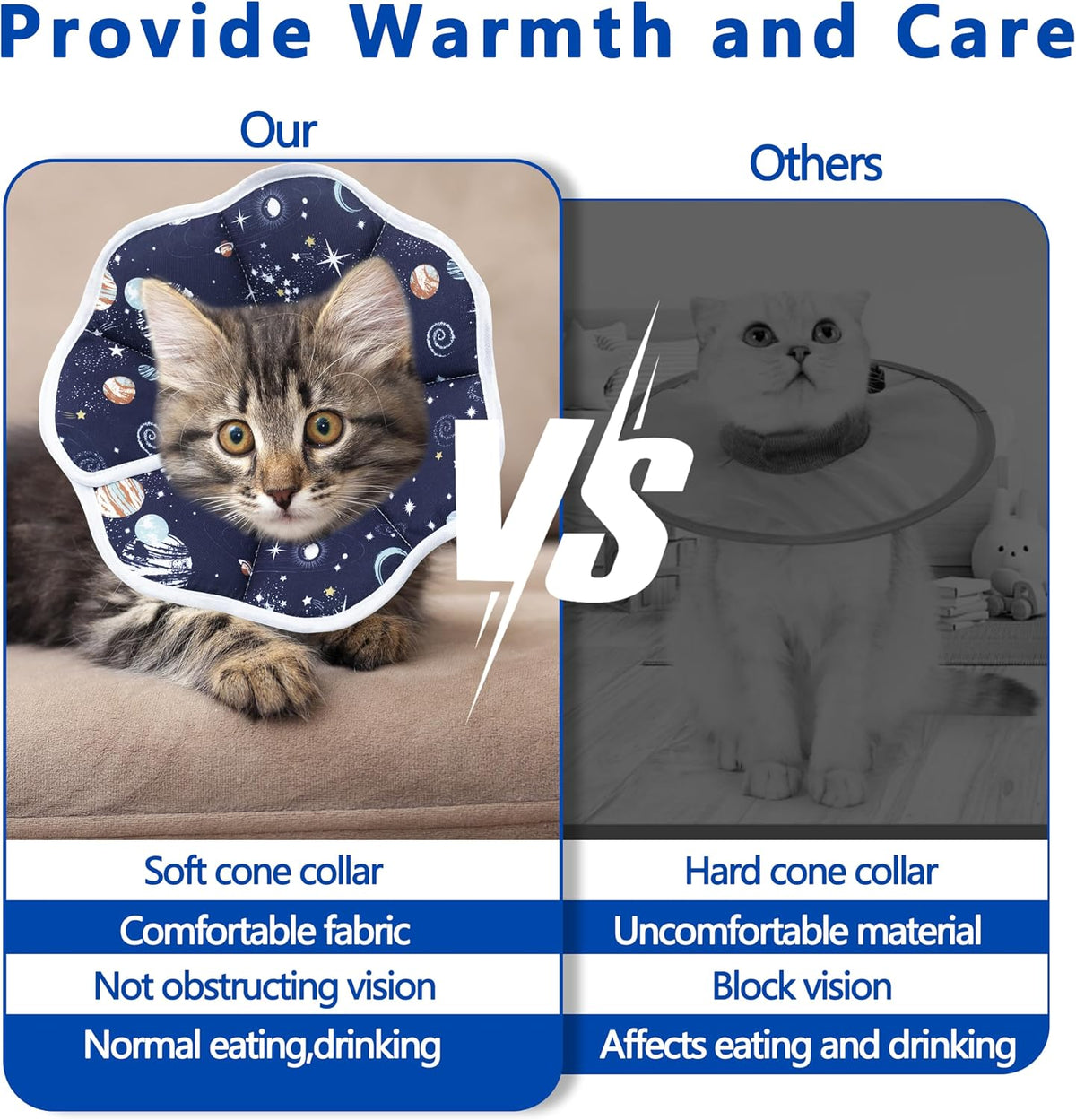 Side perspective of a small cat eating food naturally while wearing the soft adjustable cone