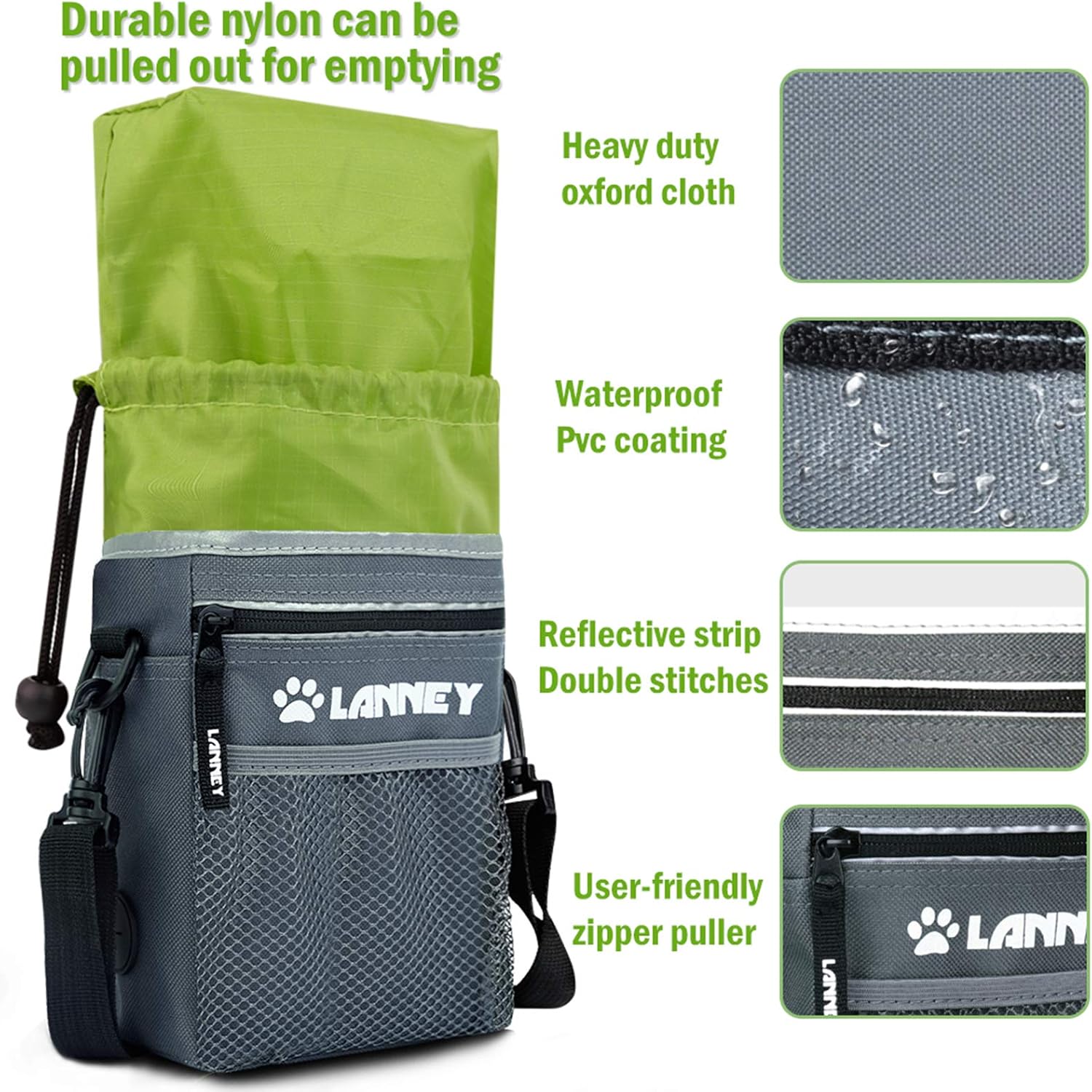 LANNEY dog walking bag highlighting built-in poop bag dispenser and front mesh pocket