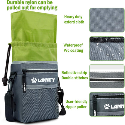 LANNEY dog walking bag highlighting built-in poop bag dispenser and front mesh pocket