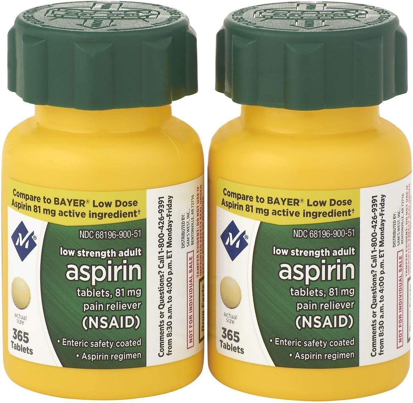 Member's Mark low strength aspirin 81 mg 730 count front view packaging