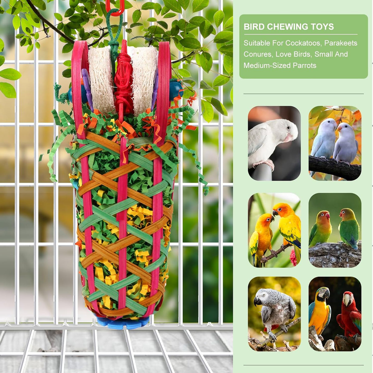 Handwoven bamboo basket bird toy with shreddable paper