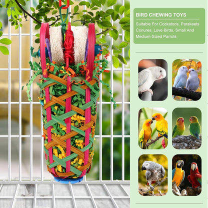 Two pack parrot shredding toys with colorful beads and willow vine stars