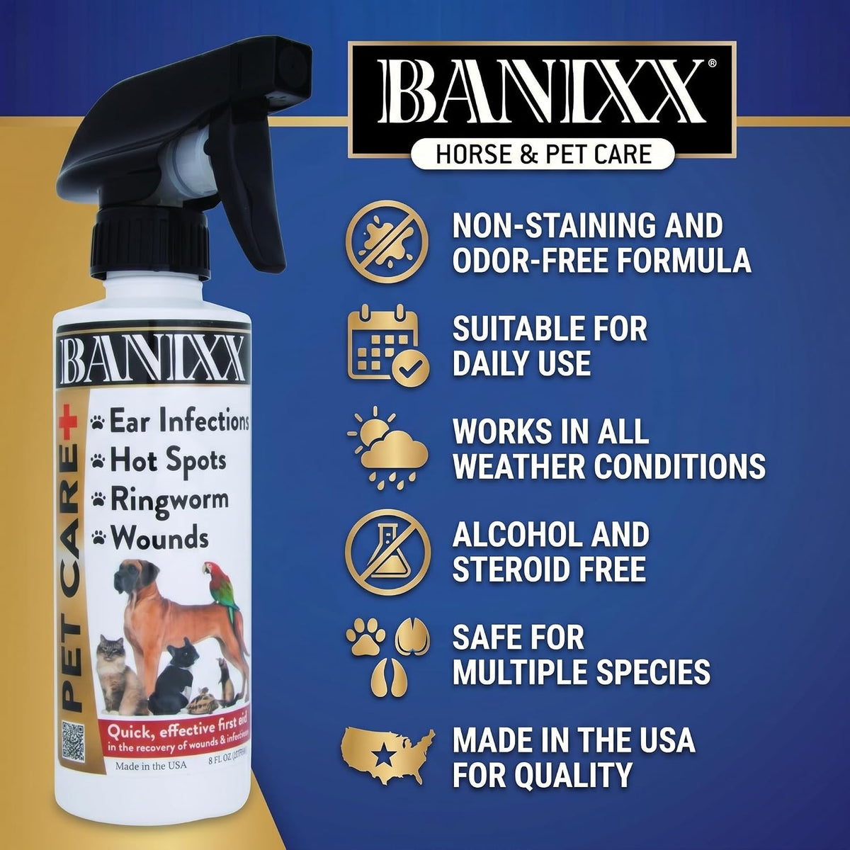 Banixx bottle showing instructions for dogs cats and horses