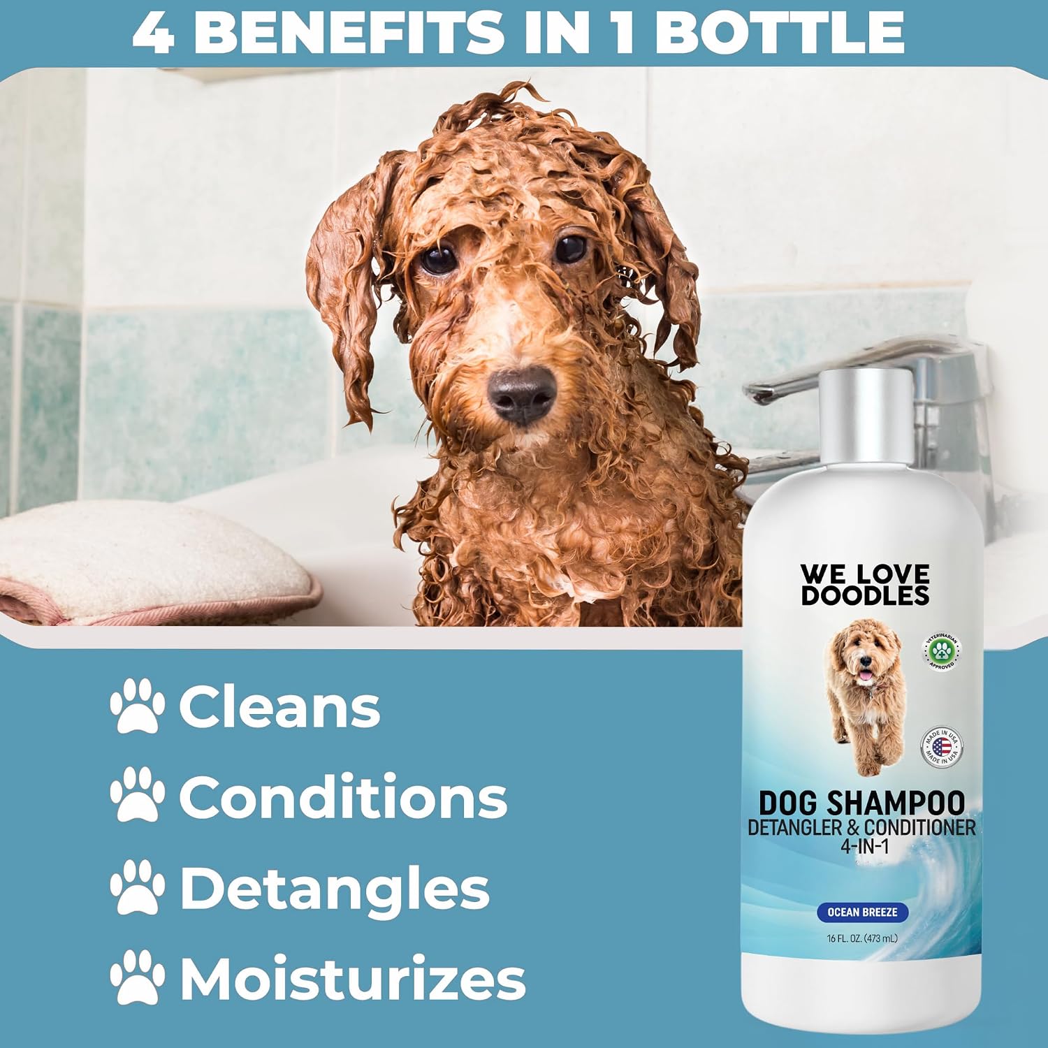 USA imported We Love Doodles organic detangling pet shampoo in Ocean Breeze scent.