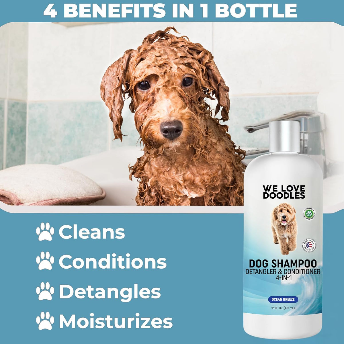 USA imported We Love Doodles organic detangling pet shampoo in Ocean Breeze scent.