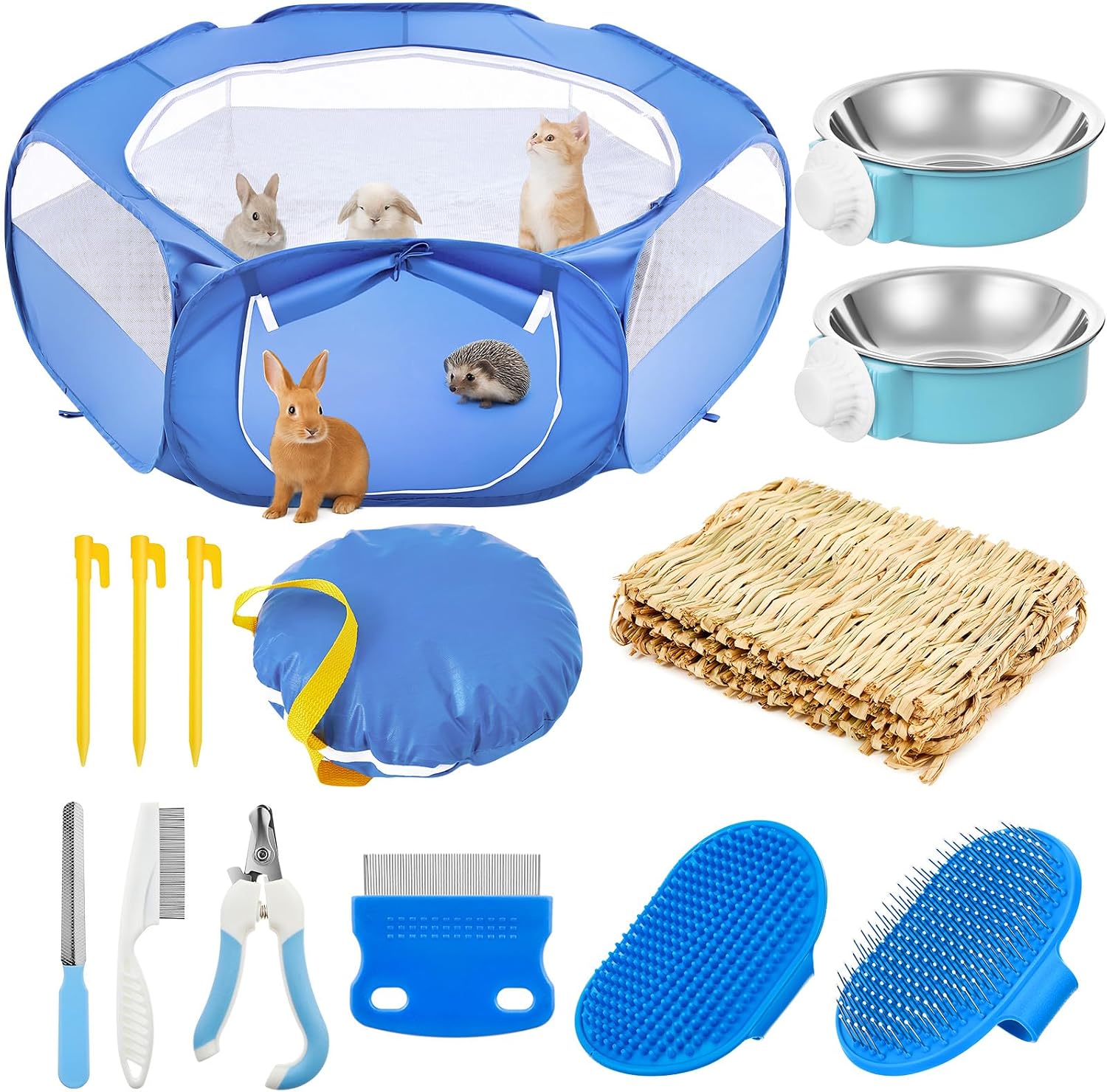 Small Animal Playpen & Grooming Kit, Portable Foldable Pet Playpen with Mesh Top for Rabbits, Guinea Pigs, Hamsters, Hedgehogs, Includes Feeding Bowls, Grooming Tools, and Bedding Mat, Blue - Image 1