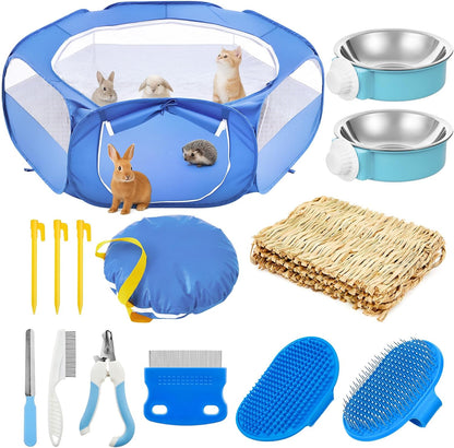Small Animal Playpen & Grooming Kit, Portable Foldable Pet Playpen with Mesh Top for Rabbits, Guinea Pigs, Hamsters, Hedgehogs, Includes Feeding Bowls, Grooming Tools, and Bedding Mat, Blue - Image 1