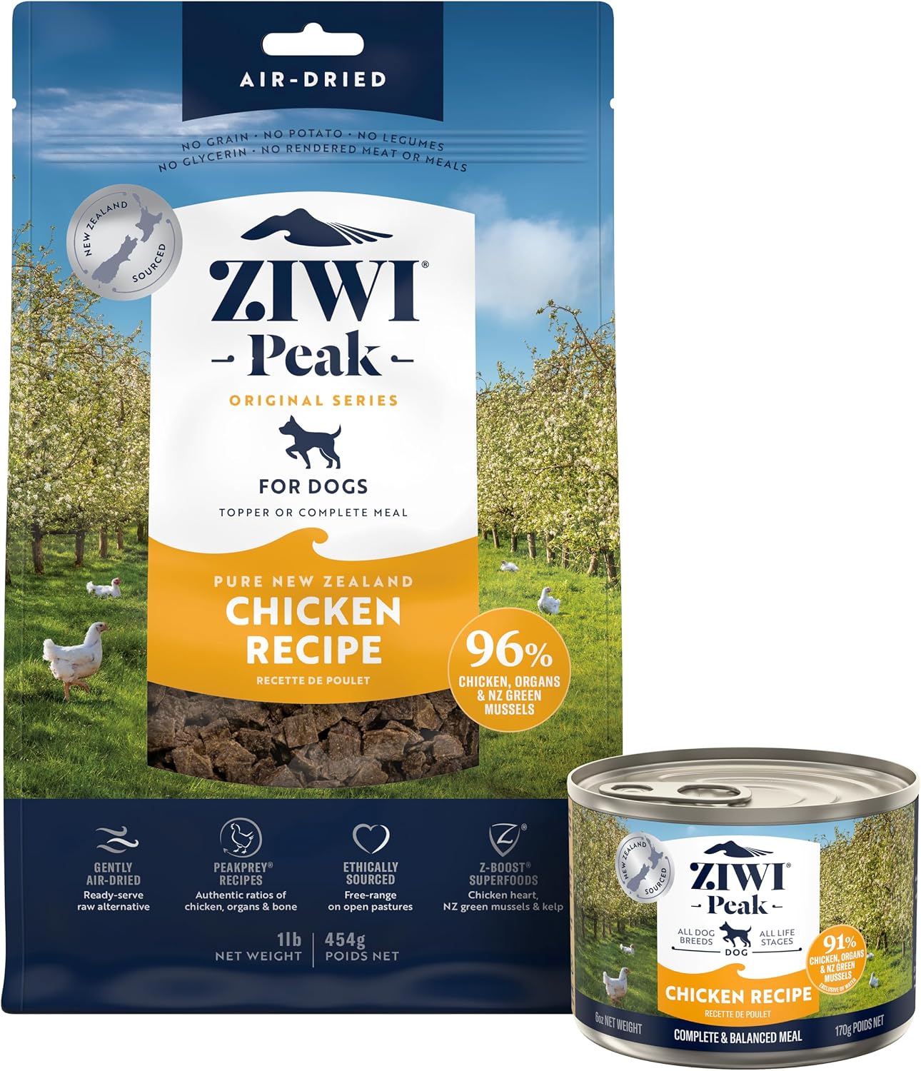 Premium ZIWI Peak whole prey formula featuring green mussels and organic kelp superfoods.