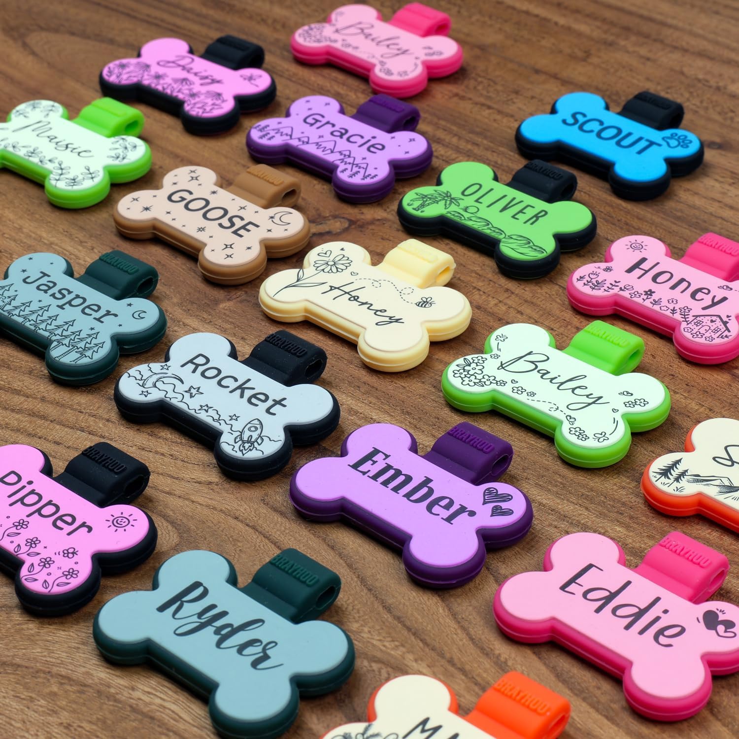 Waterproof and washable elastic silicone dog identity marker laying flat against collar.