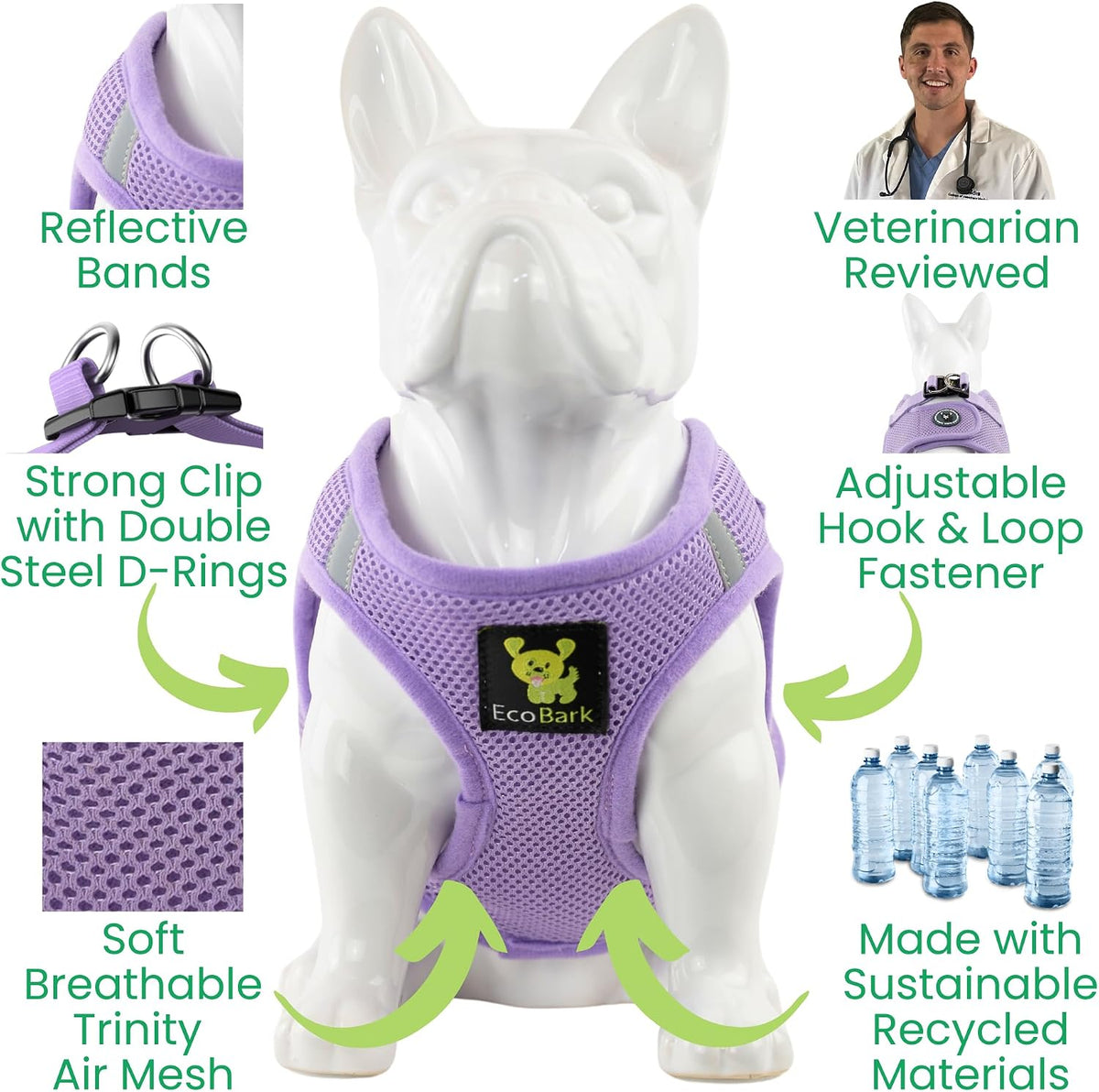 Small puppy wearing lavender XXXS harness