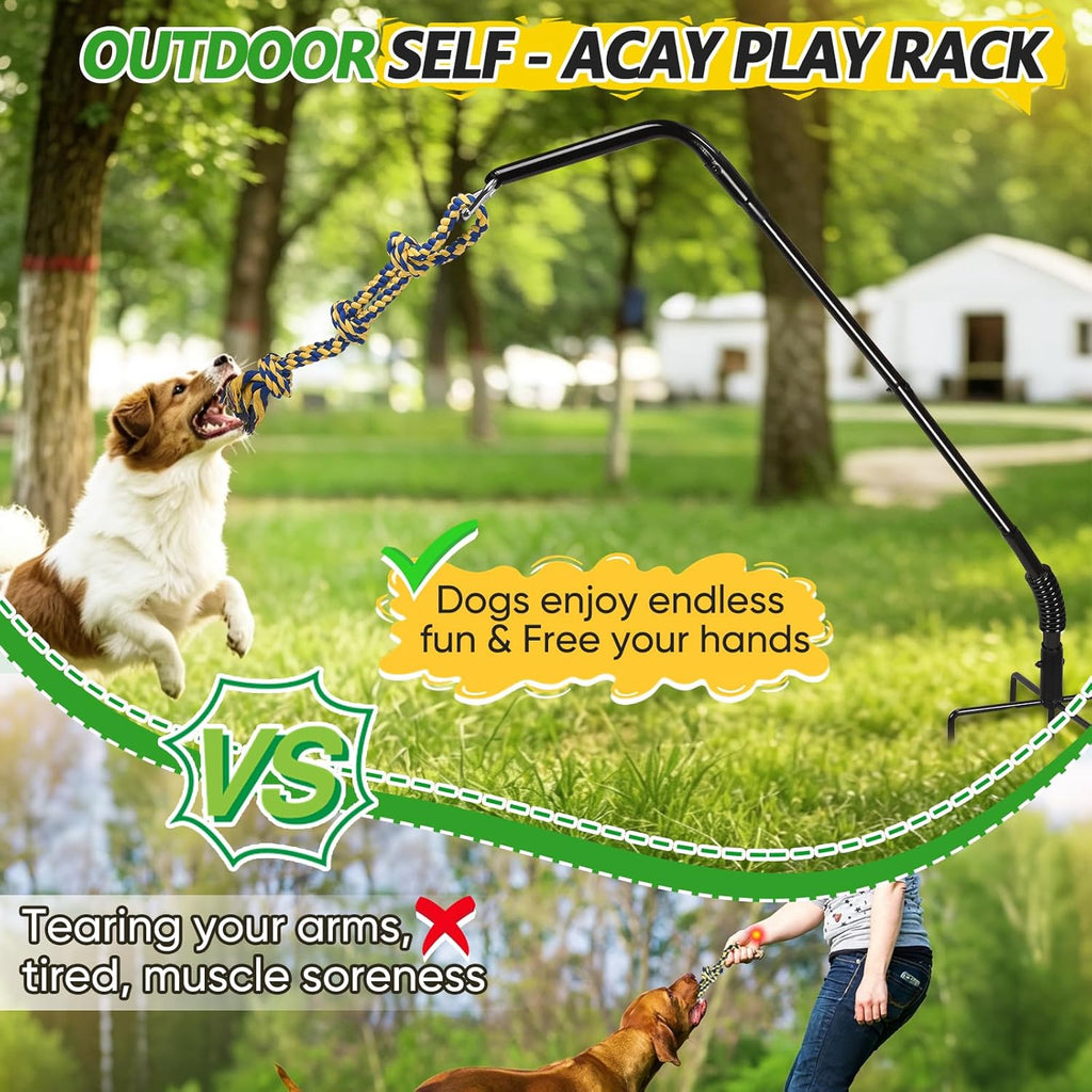 HVDI adjustable dog exerciser rack installed securely in a backyard lawn with a large breed dog playing