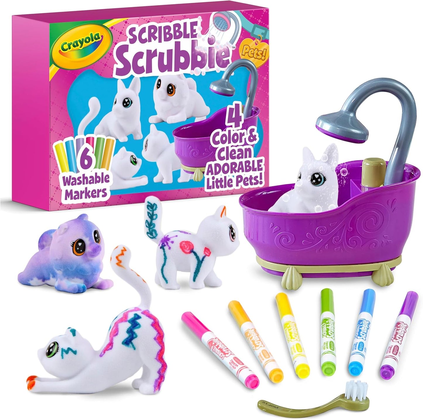 Crayola Scribble Scrubbies Glam Pack front view showcasing four pet toys and markers.