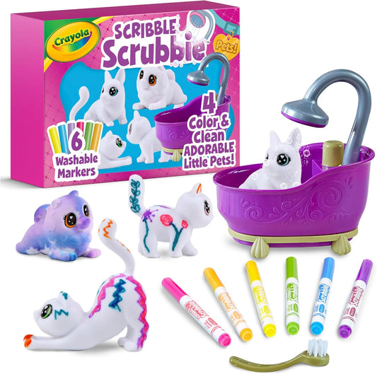 Crayola Scribble Scrubbies Glam Pack front view showcasing four pet toys and markers.