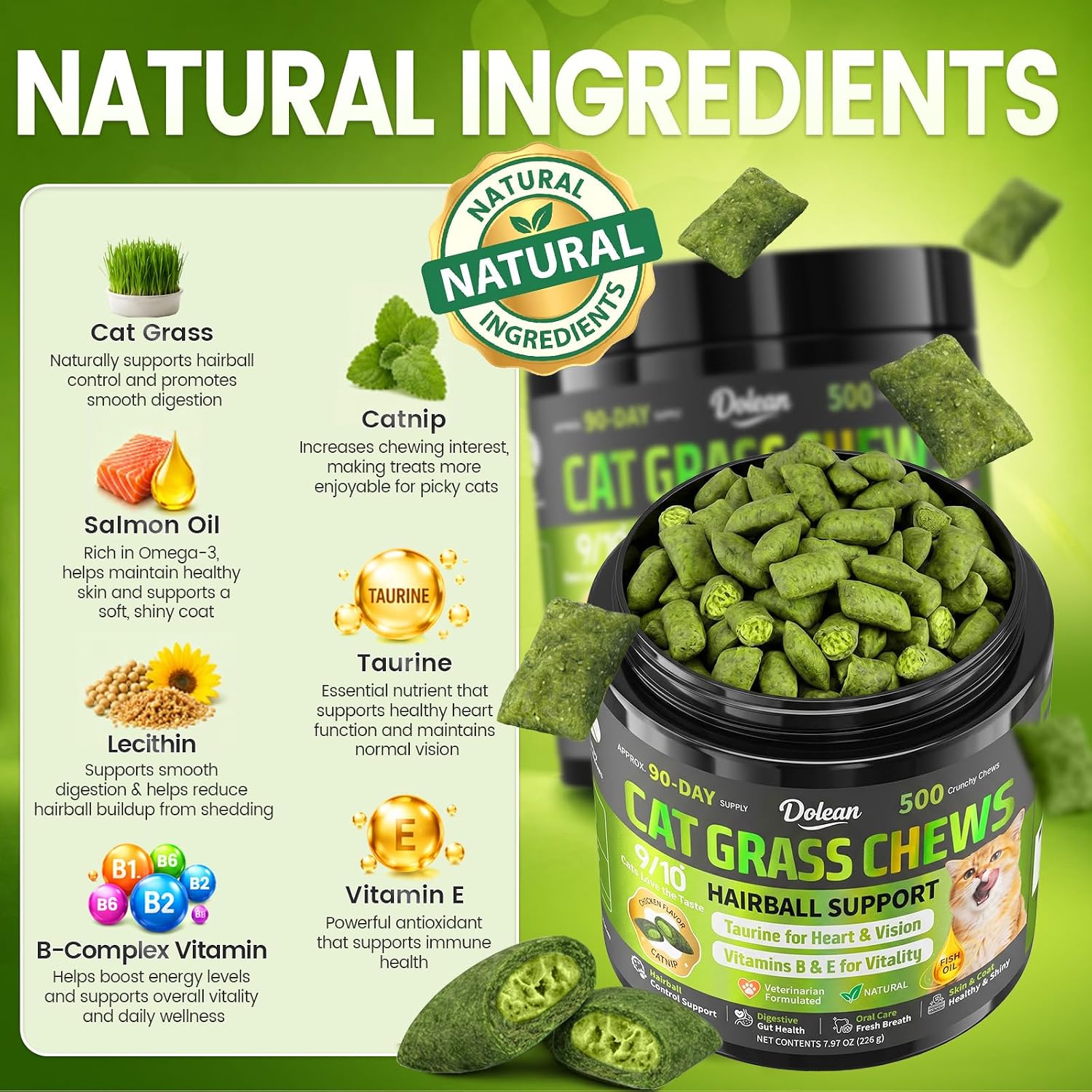 Feline digestive health supplement bottle containing five hundred treats