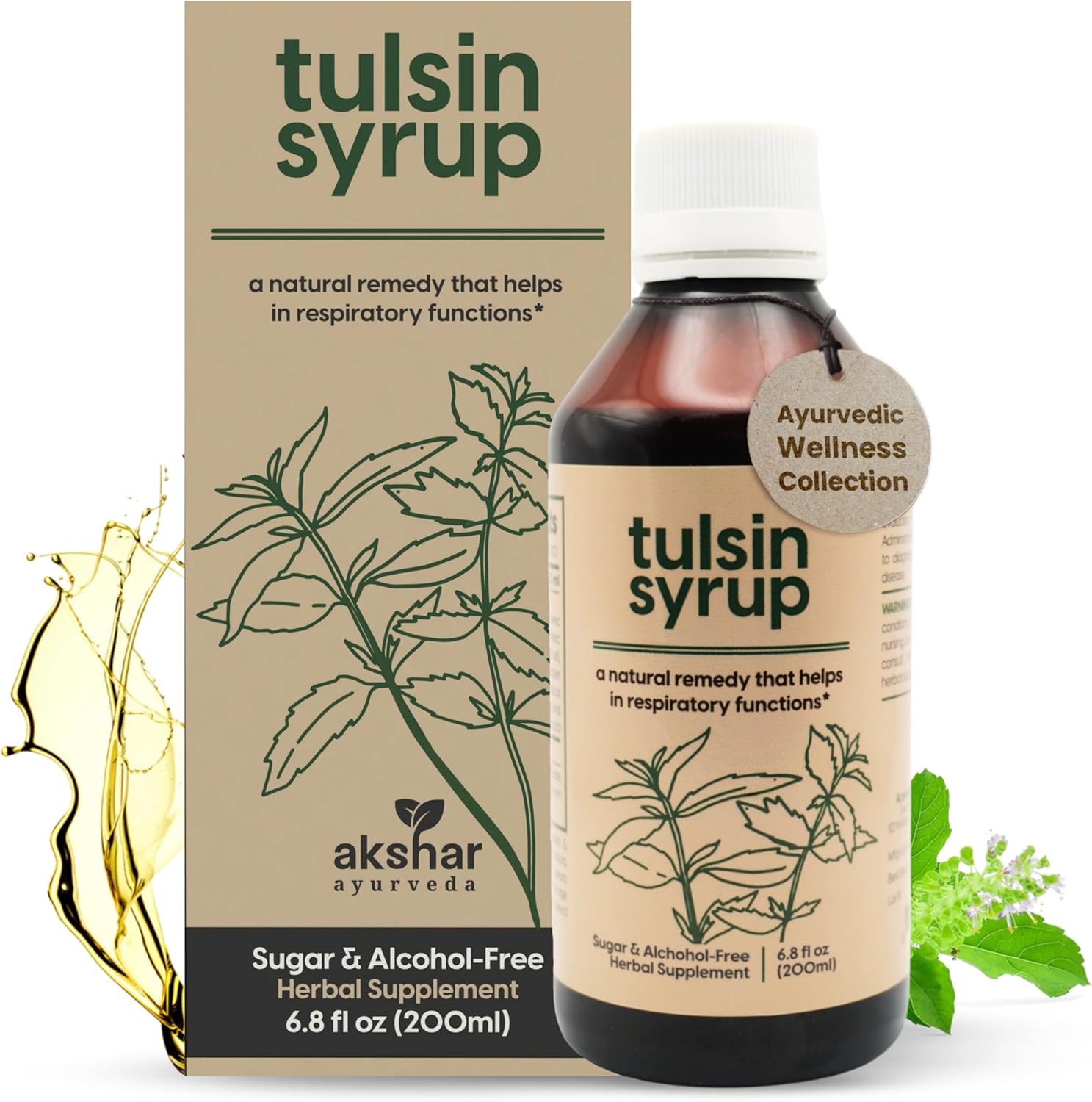AKSHAR Ayurveda Tulsin Syrup front view of the premium herbal cough formula bottle.