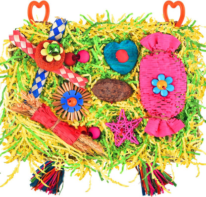 Bird foraging mat with seeds and treats tucked inside the woven grass mesh.