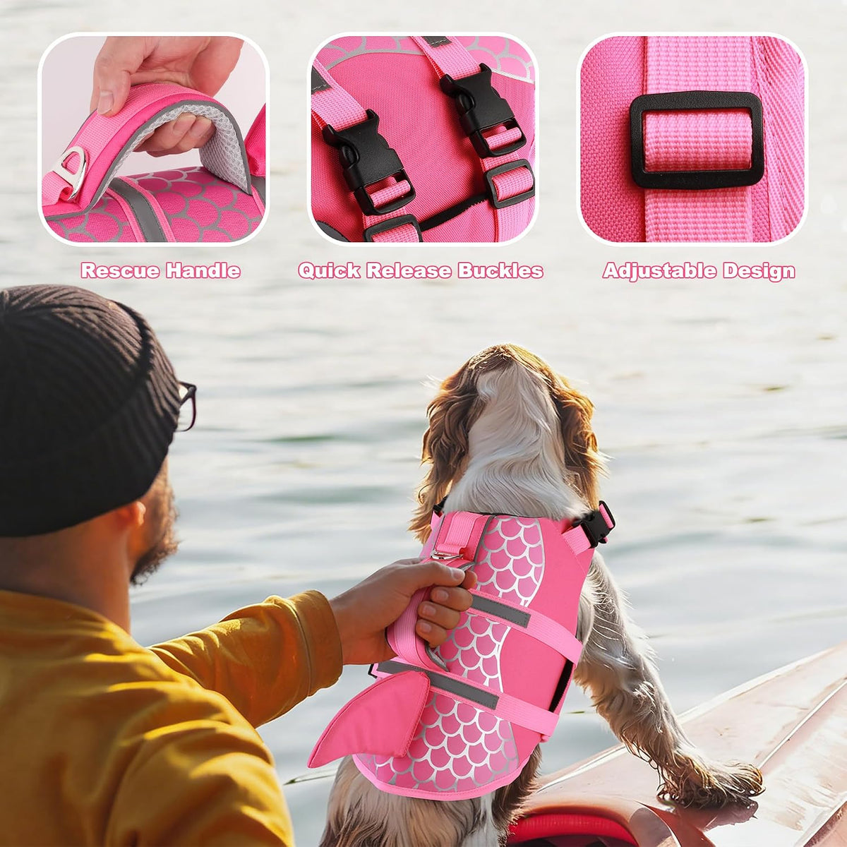 Reflective straps and high visibility detailing on Dogcheer shark vest