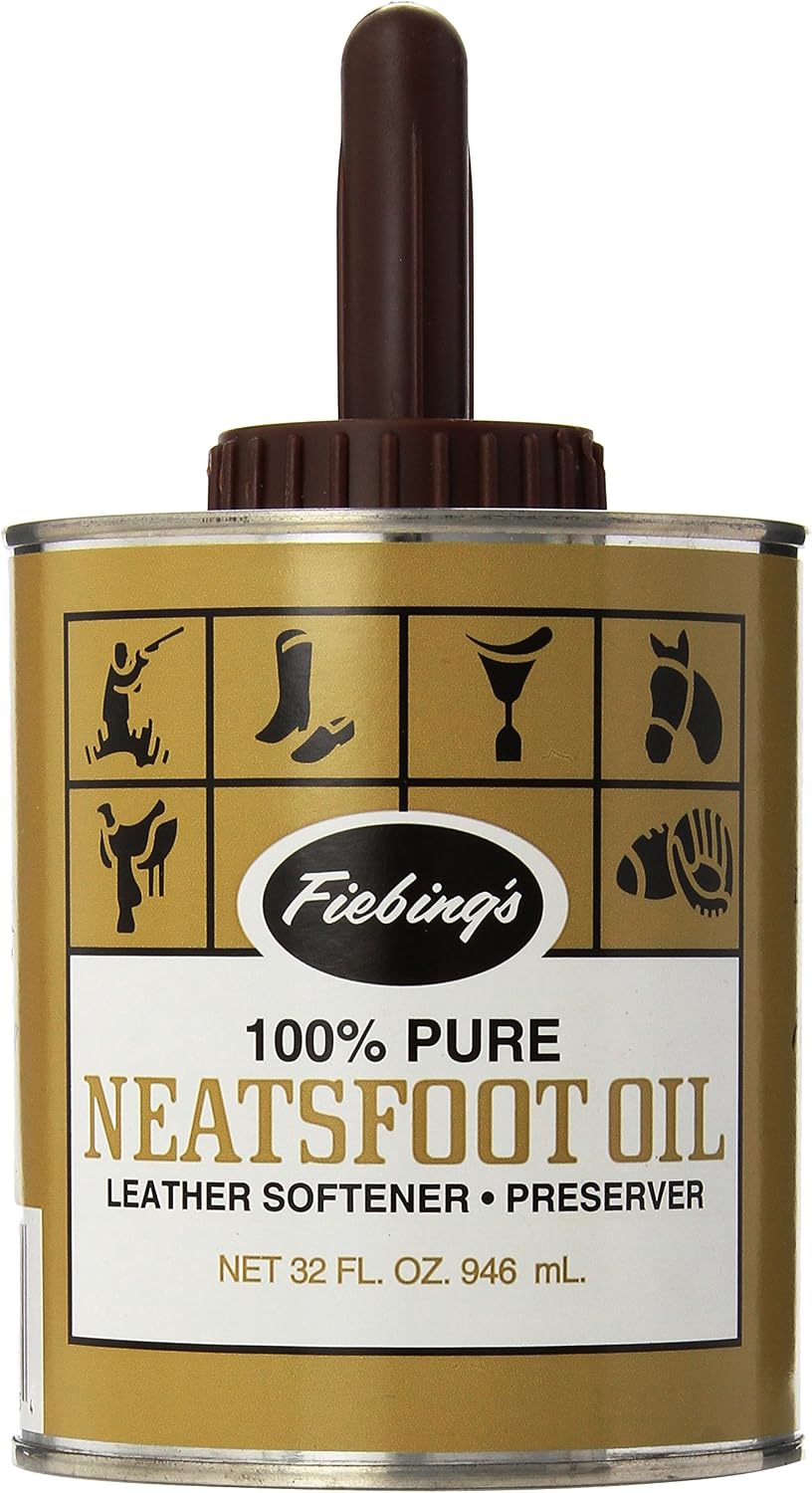Fiebing's Pure Neatsfoot Oil 32 Fluid Ounce front view bottle with brush applicator for leather care