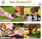 Pink twelve ounce pet drinking feeder being packed into an outdoor travel backpack