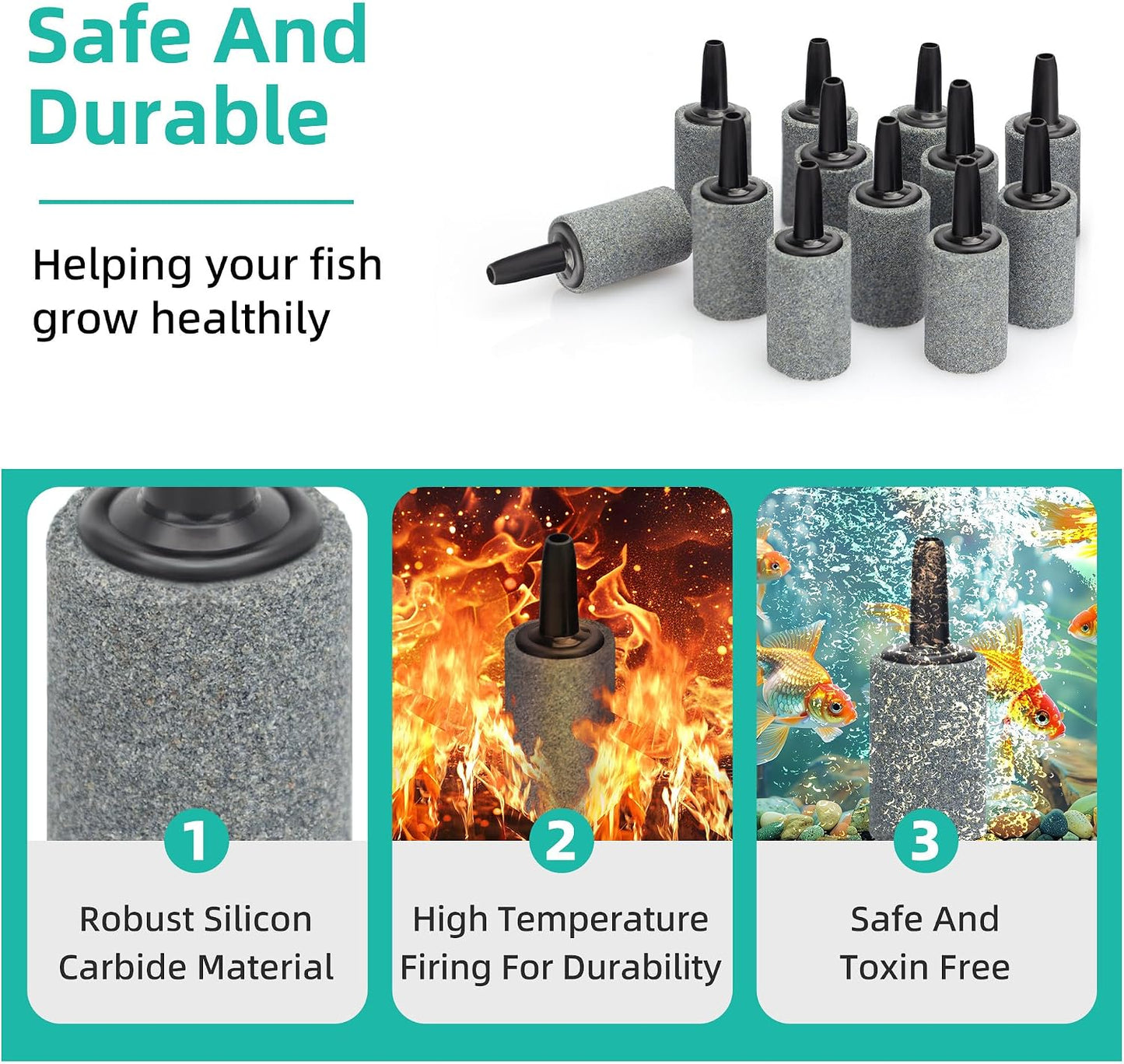 Silicon carbide fish tank airstone connected to standard aquarium airline tubing.