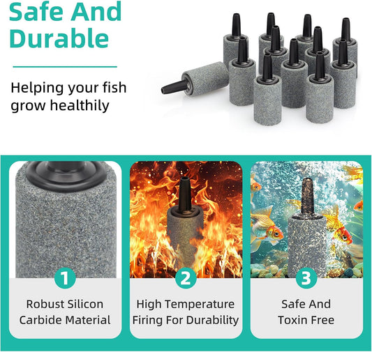 Silicon carbide fish tank airstone connected to standard aquarium airline tubing.