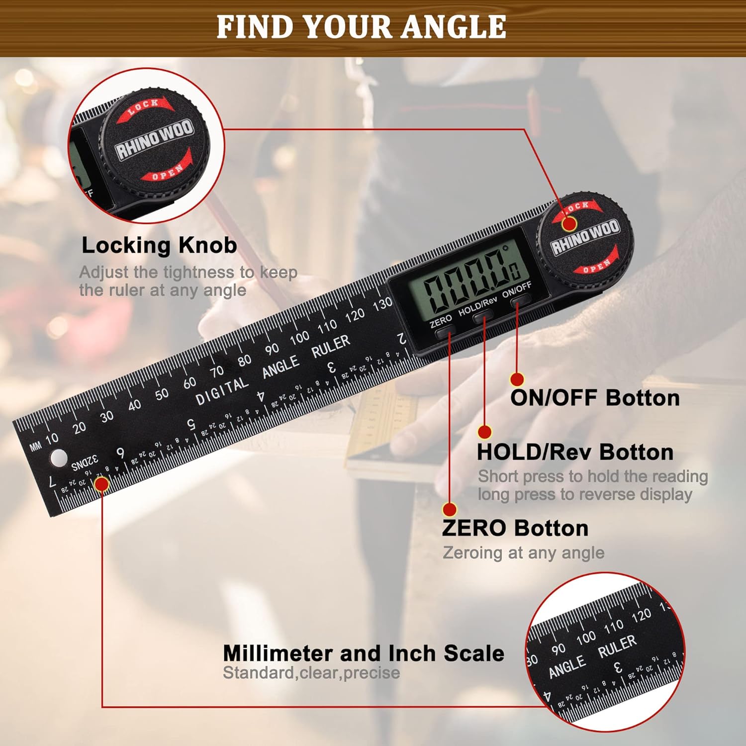 TBVHOMM 7 inch angle measuring tool showing the millimeter and inch ruler markings