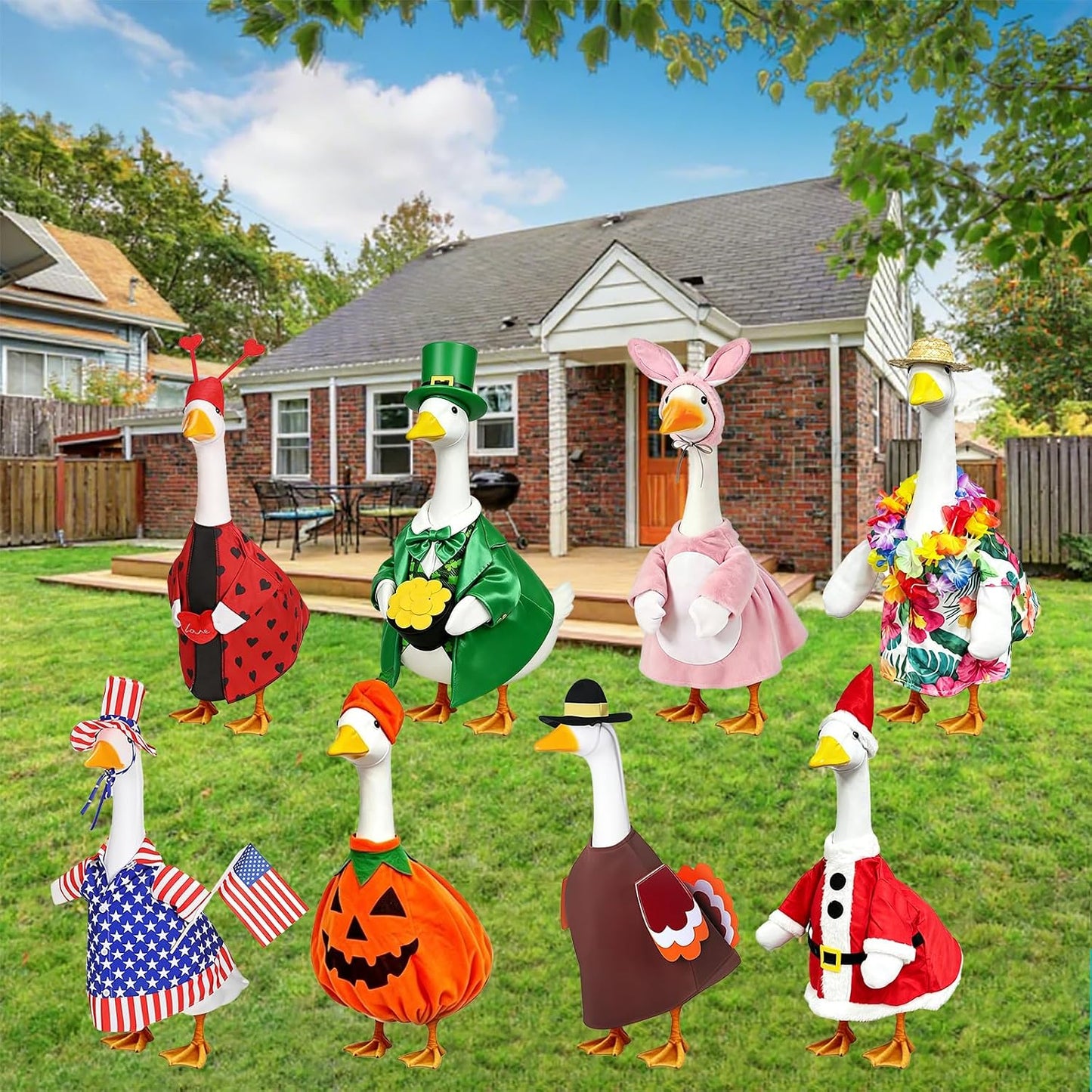 Kedaijin seasonal goose costumes showing the Christmas Santa suit and Halloween pumpkin design