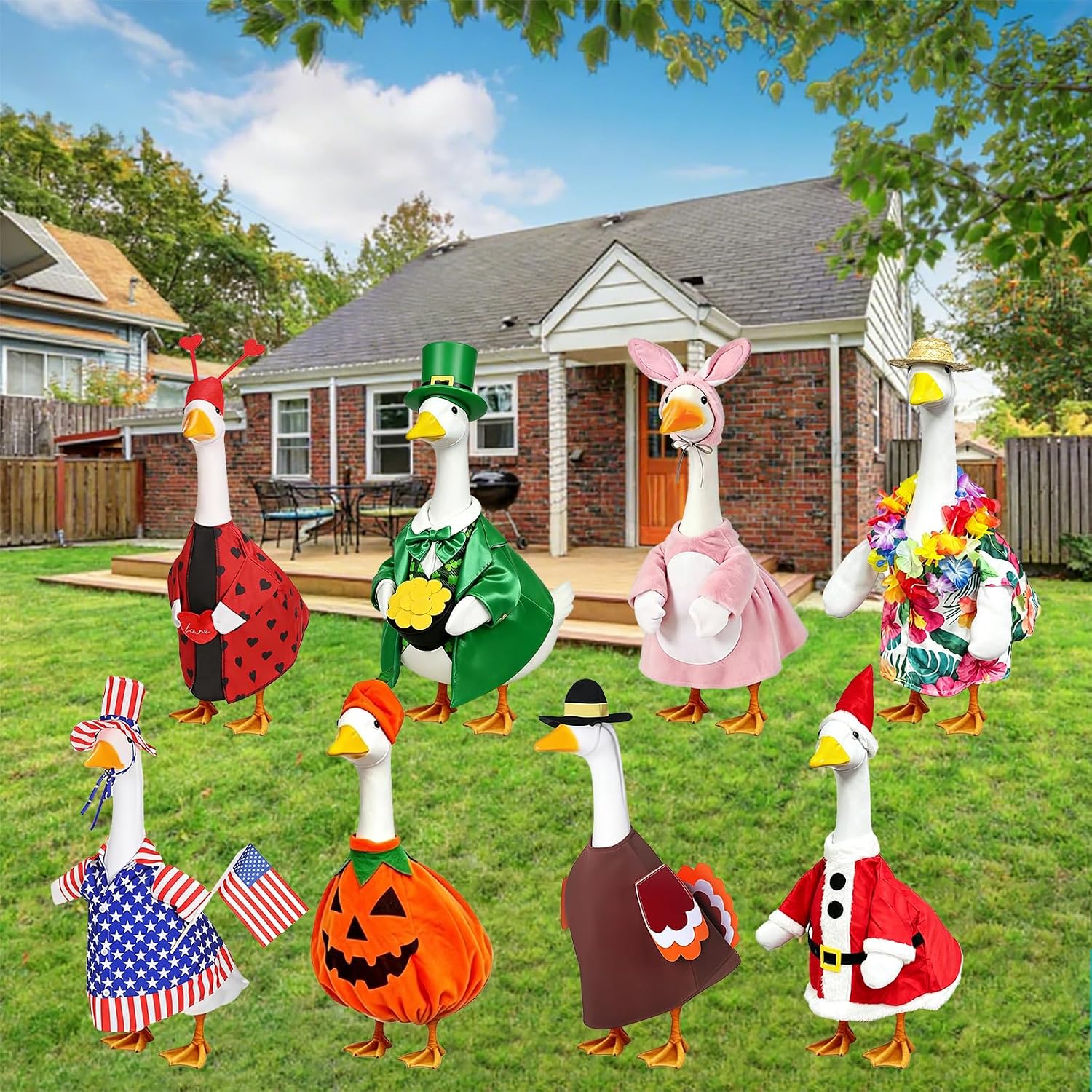 Kedaijin seasonal goose costumes showing the Christmas Santa suit and Halloween pumpkin design