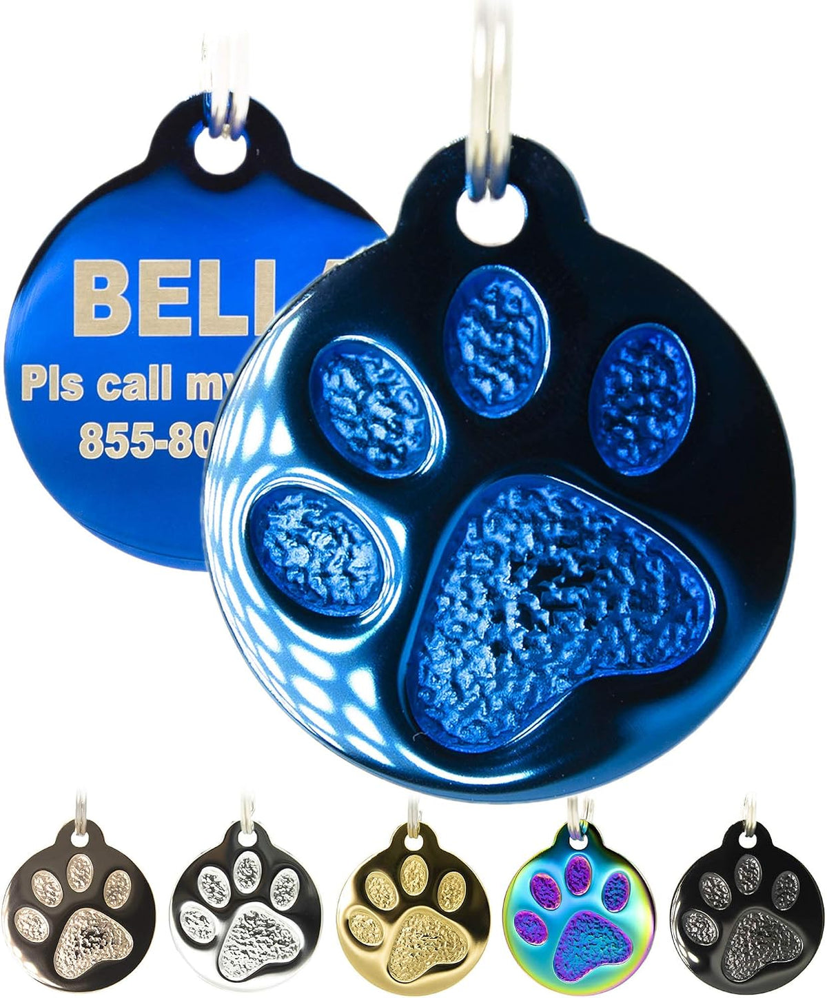 Engraved Cat Tags - Personalized with 4 Lines of Custom Engraved ID, Round Paw Print Solid Plating Stainless Steel in 5 Colors: Gold, Rose Gold, Blue, Black, Nebula - Image 9