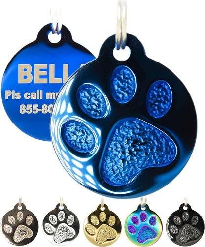 Engraved Cat Tags - Personalized with 4 Lines of Custom Engraved ID, Round Paw Print Solid Plating Stainless Steel in 5 Colors: Gold, Rose Gold, Blue, Black, Nebula - Image 9