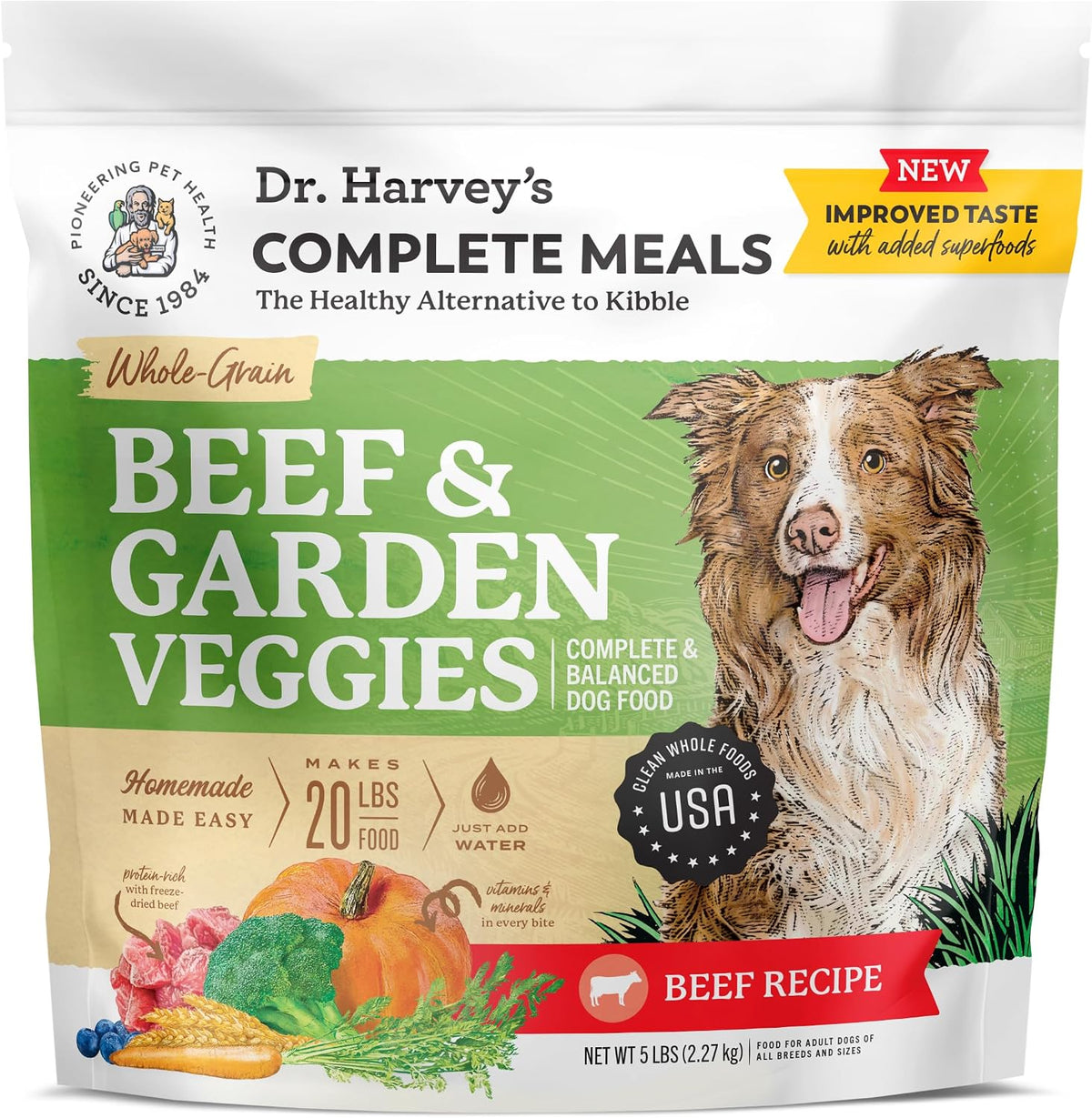 Dr Harveys Beef And Garden Veggies Dog Food 5 Pounds front packaging layout showcasing authentic USA imported packaging