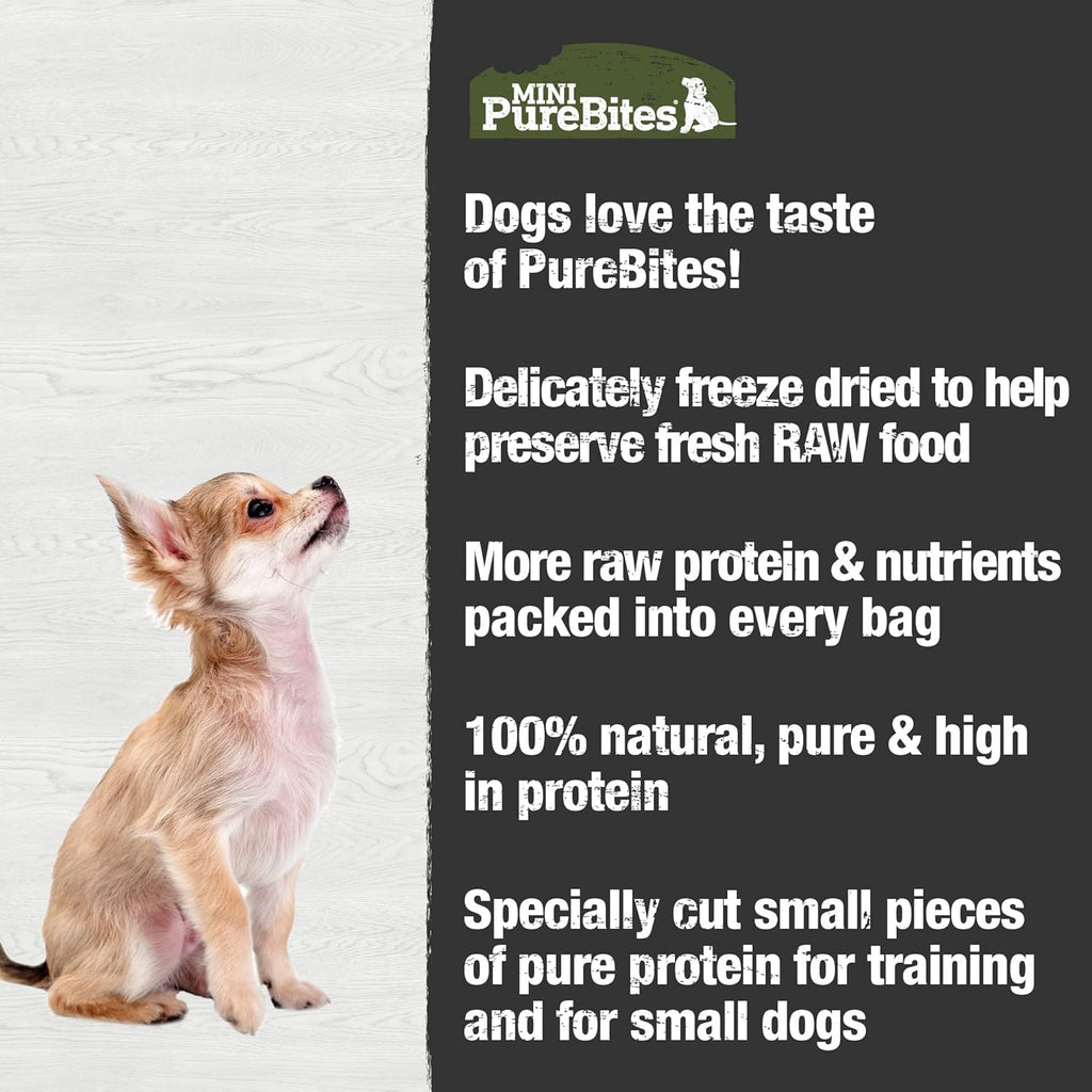 PureBites three ounce bag of mini beef liver treats showing low calorie training reward details